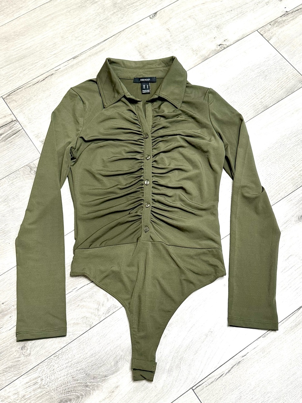 Forever 21 Olive Green Ruched Collared Bodysuit Size M